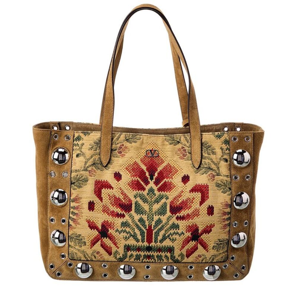Valentino Vlogo Large Canvas & Suede Tote, Brown